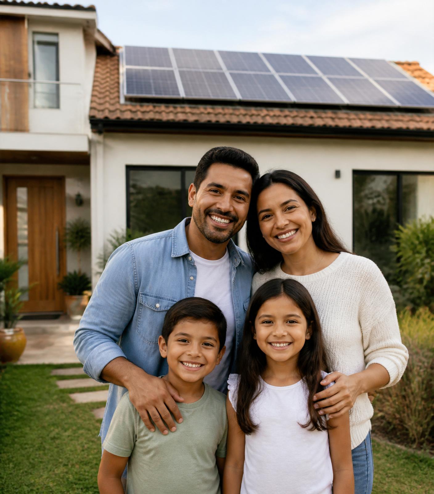 Familia frente a su casa con paneles solares